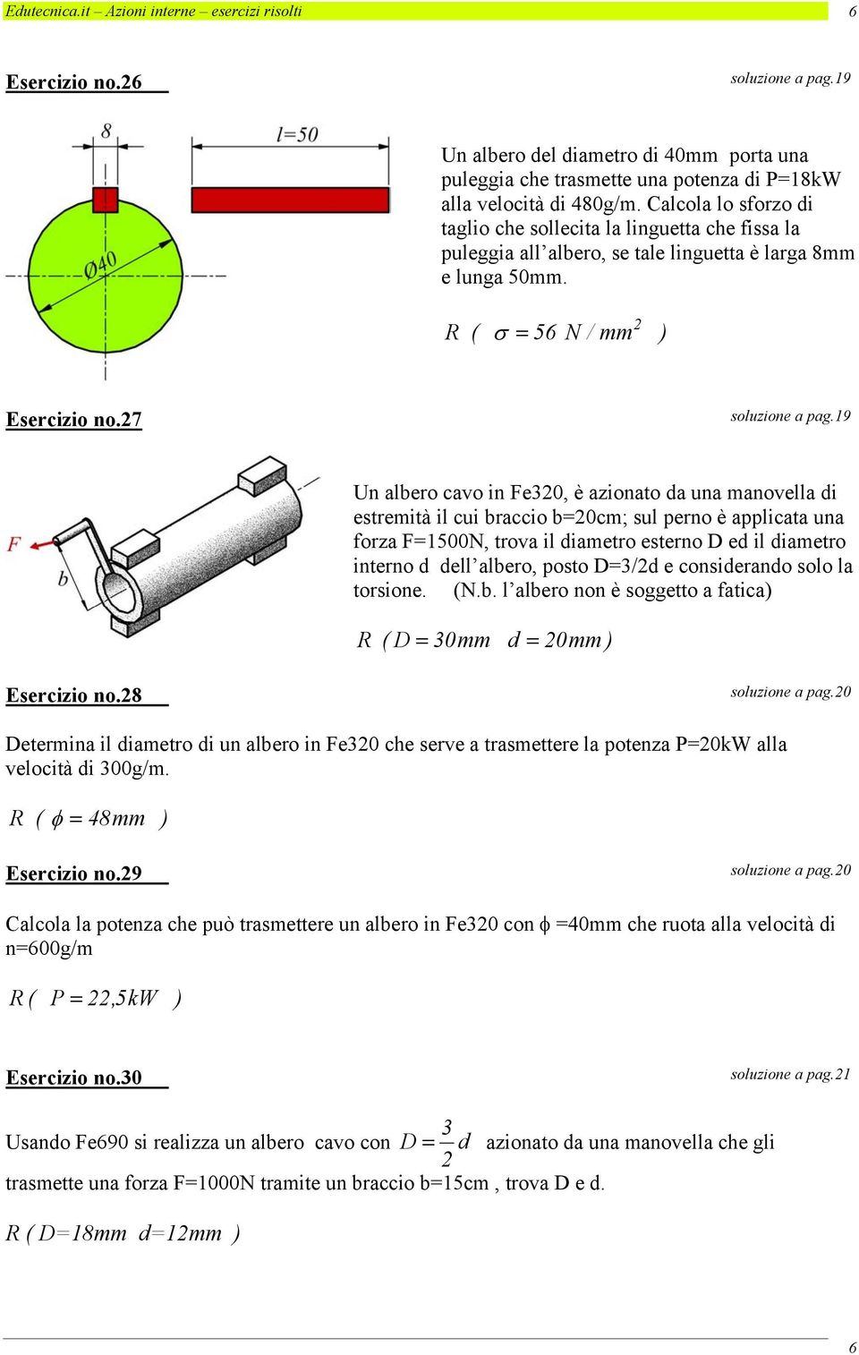 19 Un albero cavo in Fe0, è azionato da una manovella di estremità il cui braccio b0cm; sul perno è applicata una forza F100N, trova il diametro esterno D ed il diametro interno d dell albero, posto