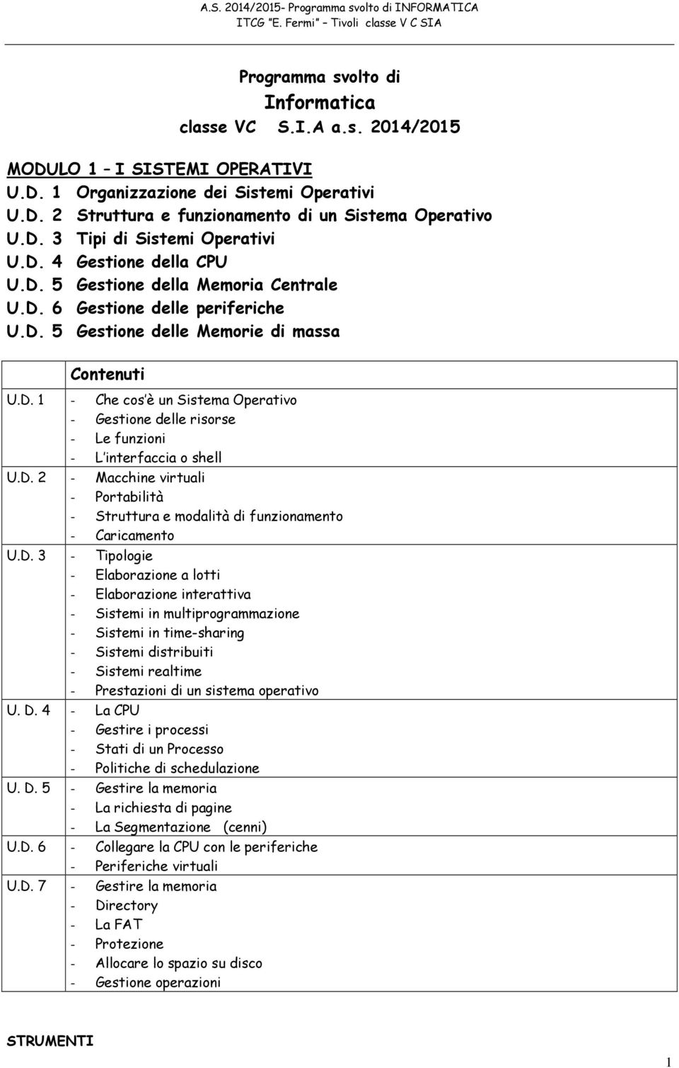 D. 2 - Macchine virtuali - Portabilità - Struttura e modalità di funzionamento - Caricamento U.D. 3 - Tipologie - Elaborazione a lotti - Elaborazione interattiva - Sistemi in multiprogrammazione -