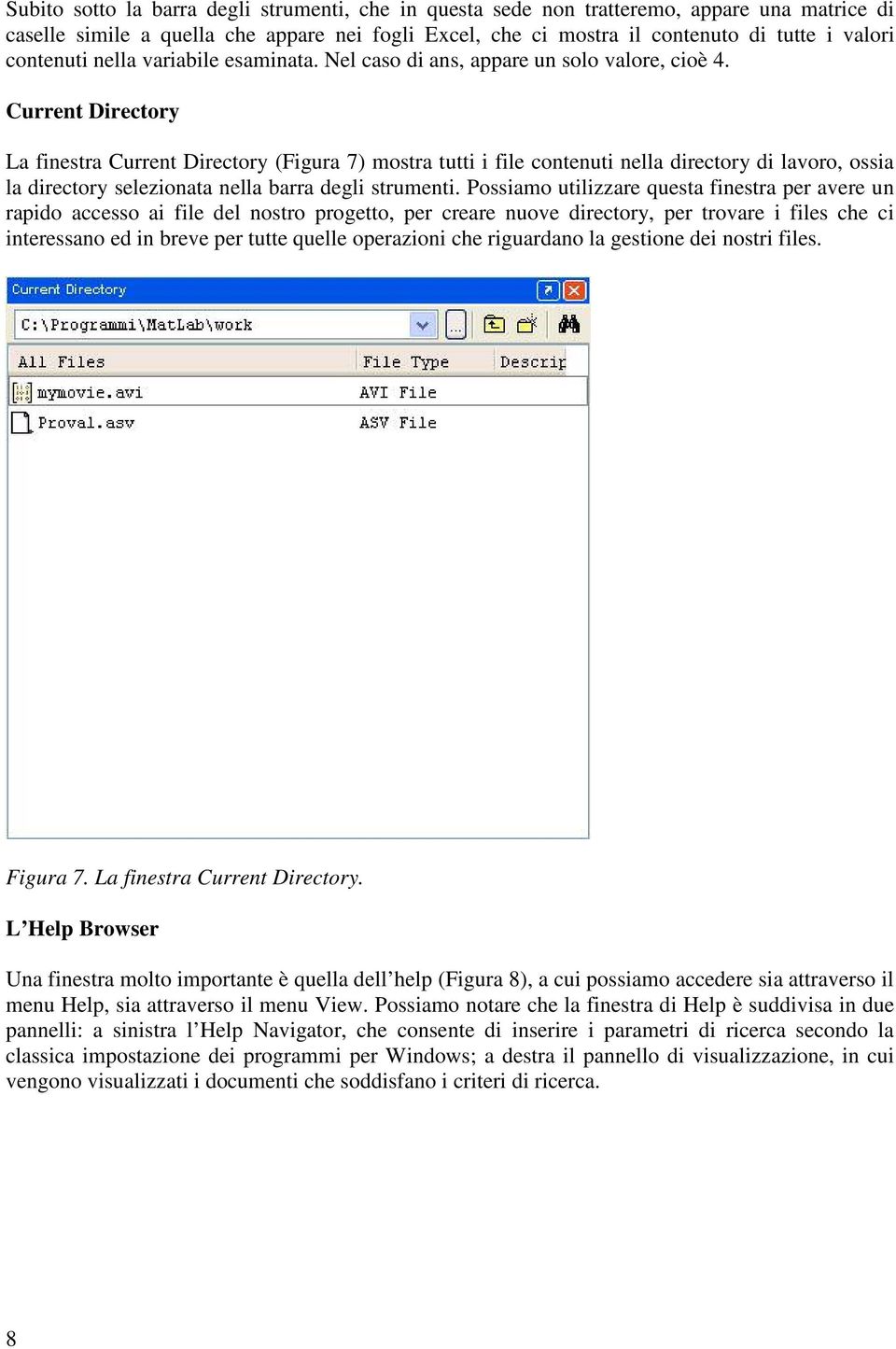 Current Directory La finestra Current Directory (Figura 7) mostra tutti i file contenuti nella directory di lavoro, ossia la directory selezionata nella barra degli strumenti.