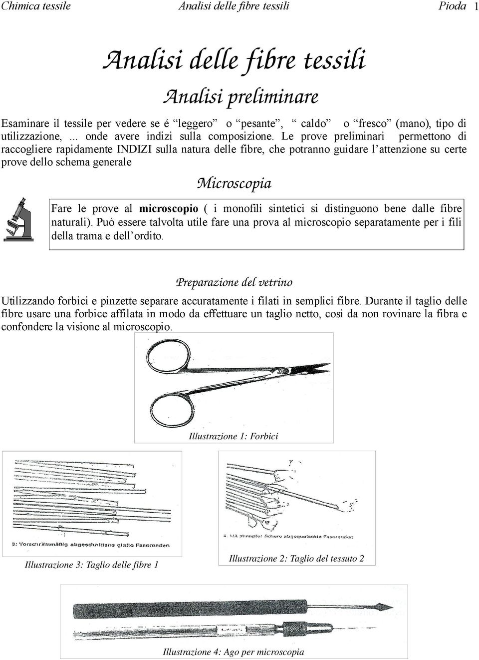 microscopio ( i monofili sintetici si distinguono bene dalle fibre naturali). Può essere talvolta utile fare una prova al microscopio separatamente per i fili della trama e dell ordito.