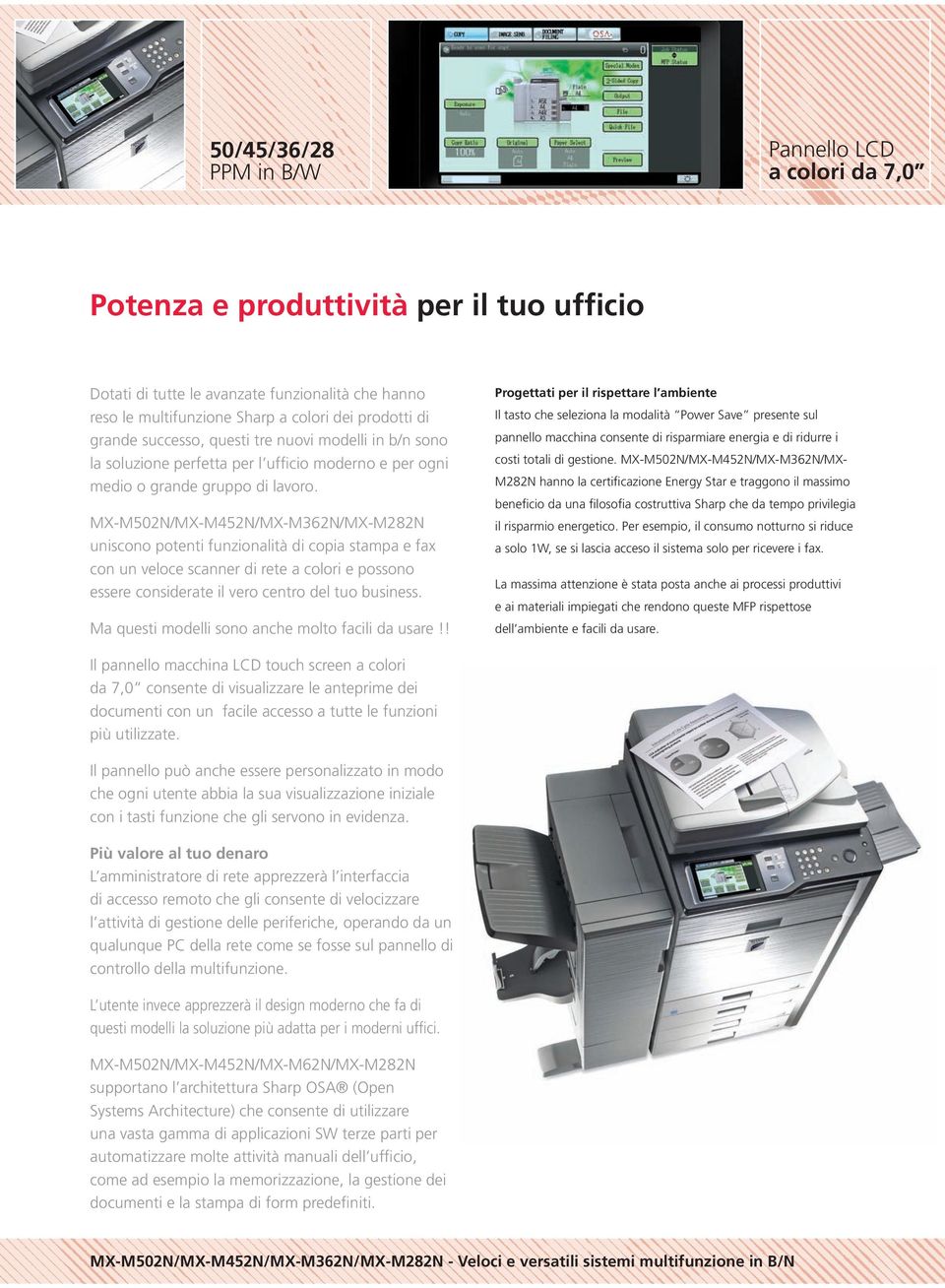 MX-M502N/MX-M452N/MX-M362N/MX-M282N uniscono potenti funzionalità di copia stampa e fax con un veloce scanner di rete a colori e possono essere considerate il vero centro del tuo business.