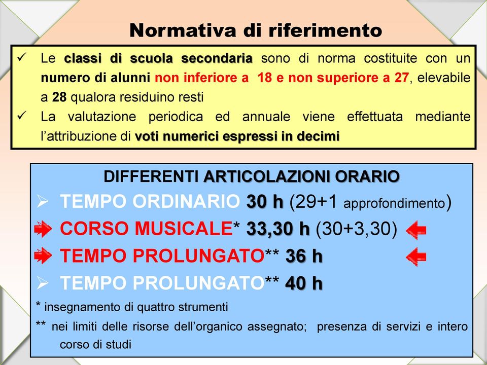 decimi DIFFERENTI ARTICOLAZIONI ORARIO TEMPO ORDINARIO 30 h (29+1 approfondimento) CORSO MUSICALE* 33,30 h (30+3,30) TEMPO PROLUNGATO** 36 h TEMPO