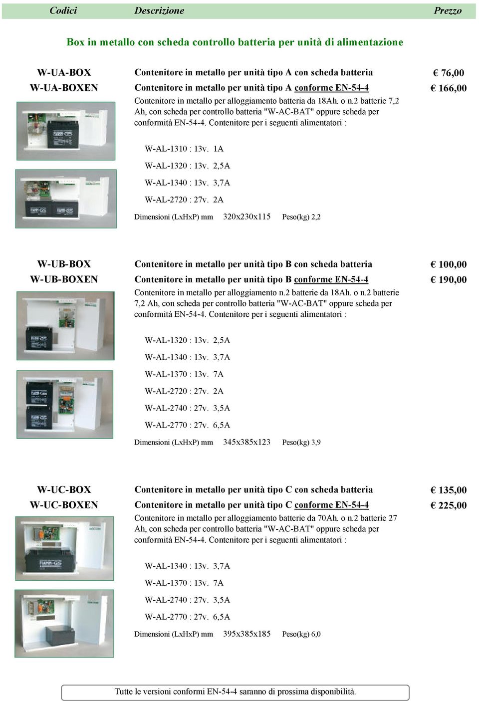 Contenitore per i seguenti alimentatori : 76,00 166,00 W-AL-1310 : 13v. 1A W-AL-1320 : 13v. 2,5A W-AL-1340 : 13v. 3,7A W-AL-2720 : 27v.