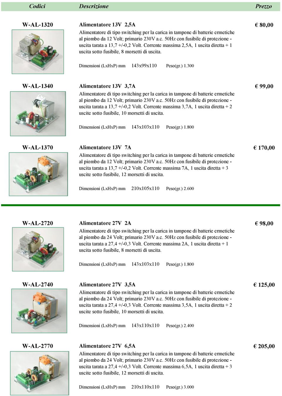 300 W-AL-1340 Alimentatore 13V 3,7A Alimentatore di tipo switching per la carica in tampone di batterie ermetiche al piombo da 12 Volt; primario 230V a.c. 50Hz con fusibile di protezione - uscita tarata a 13,7 +/-0,2 Volt.