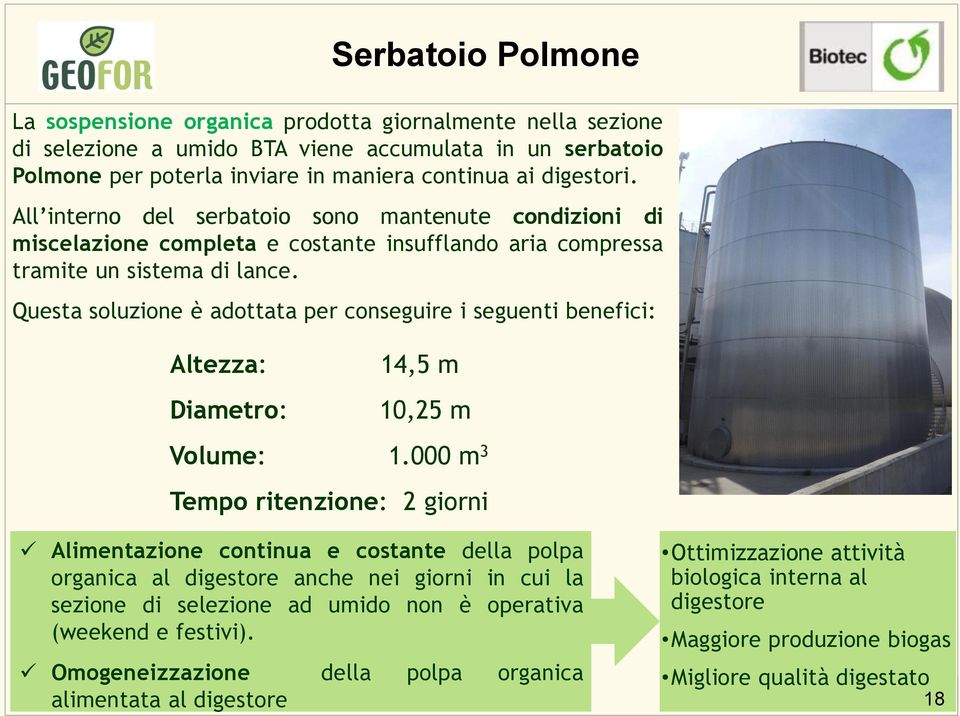 Questa soluzione è adottata per conseguire i seguenti benefici: Altezza: Diametro: 14,5 m 10,25 m Volume: 1.