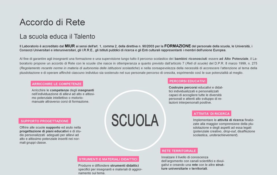 Al fine di garantire agli insegnanti una formazione e una supervisione lungo tutto il percorso scolastico dei bambini riconosciuti essere ad Alto Potenziale, il Laboratorio propone un accordo di Rete