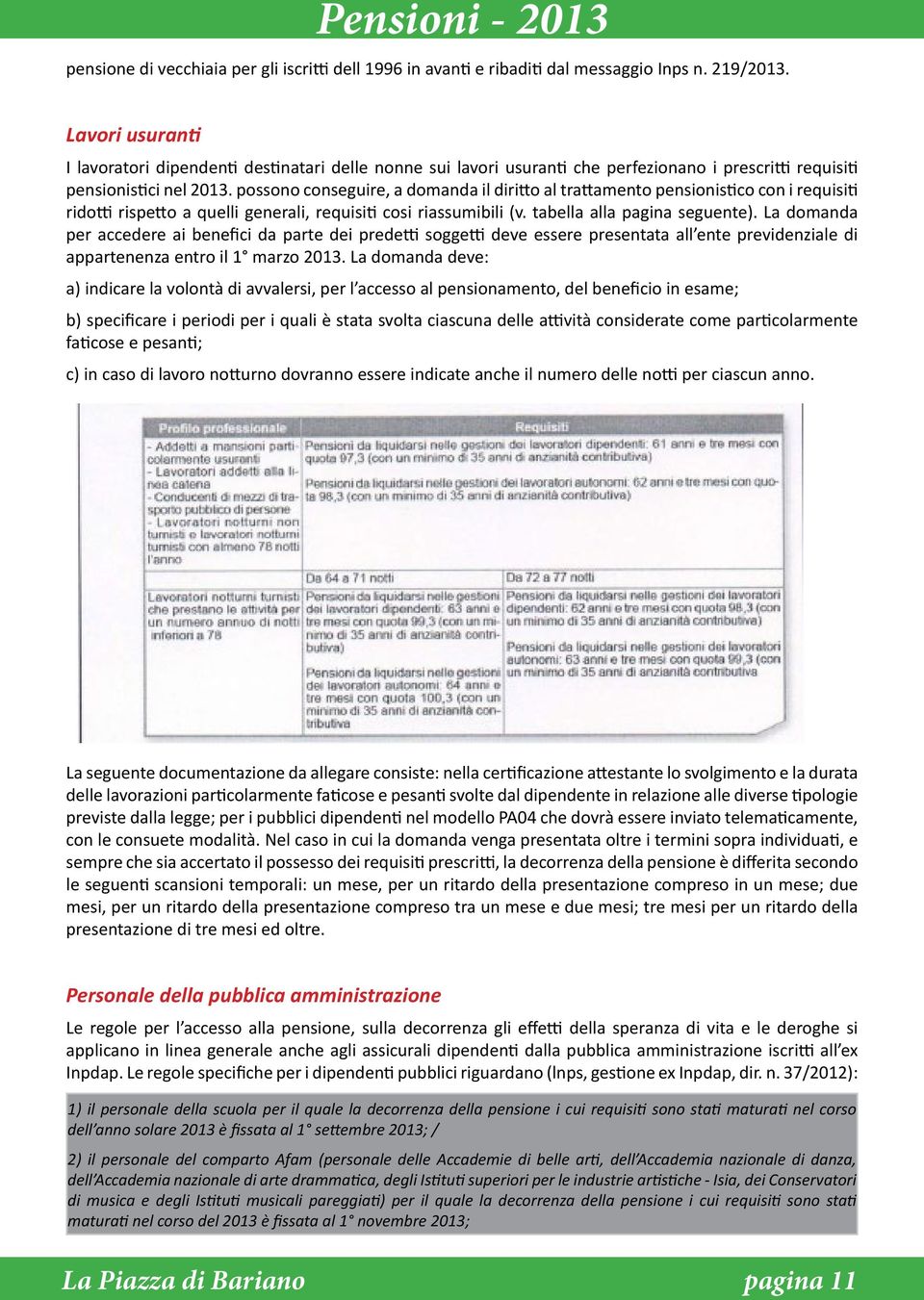 possono conseguire, a domanda il diritto al trattamento pensionistico con i requisiti ridotti rispetto a quelli generali, requisiti cosi riassumibili (v. tabella alla pagina seguente).