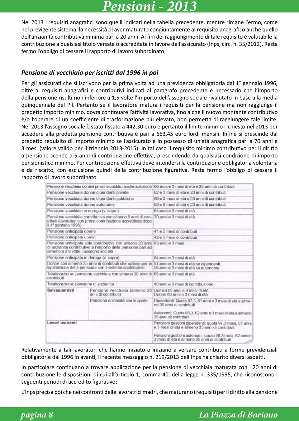 Ai fini del raggiungimento di tale requisito è valutabile la contribuzione a qualsiasi titolo versata o accreditata in favore dell assicurato (Inps, circ. n. 35/2012).