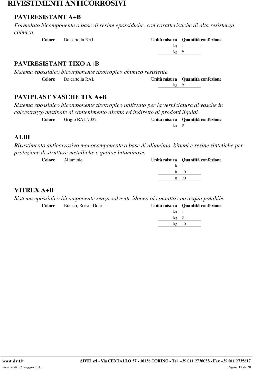 Colore Da cartella RAL Unità misura Quantità confezione kg 9 PAVIPLAST VASCHE TIX A+B Sistema epossidico bicomponente tixotropico utilizzato per la verniciatura di vasche in calcestruzzo destinate al