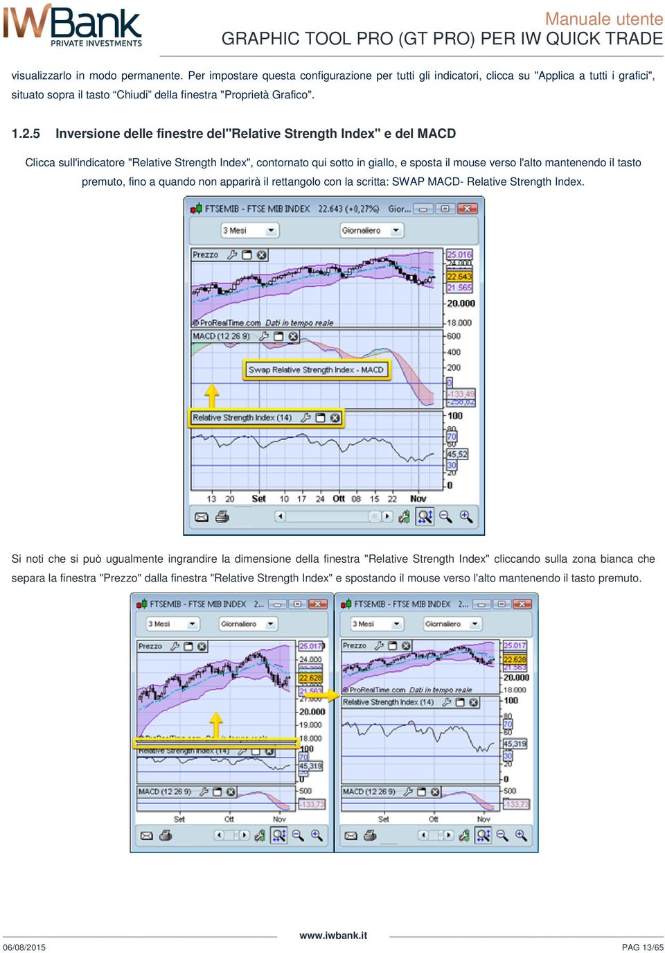 5 Inversione delle finestre del"relative Strength Index" e del MACD Clicca sull'indicatore "Relative Strength Index", contornato qui sotto in giallo, e sposta il mouse verso l'alto mantenendo il