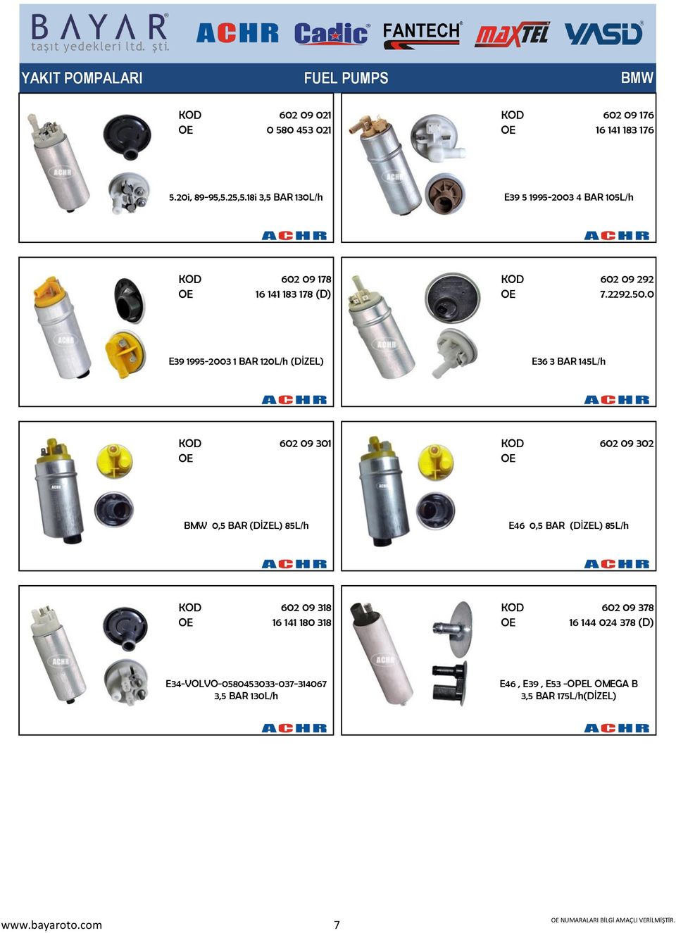 0 E39 1995-2003 1 BAR 120L/h (DİZEL) E36 3 BAR 145L/h 602 09 301 602 09 302 BMW 0,5 BAR (DİZEL) 85L/h E46 0,5 BAR (DİZEL) 85L/h 602 09