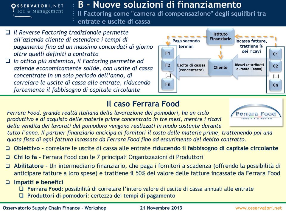 di cassa concentrate in un solo periodo dell anno, di correlare le uscite di cassa alle entrate, riducendo fortemente il fabbisogno di capitale circolante F1 F2 [ ] Fn Paga secondo termini Uscite di