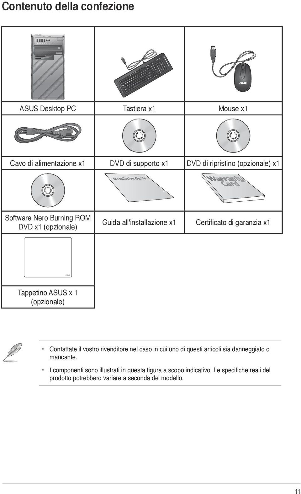 Tappetino ASUS x 1 (opzionale) Contattate il vostro rivenditore nel caso in cui uno di questi articoli sia danneggiato o mancante.