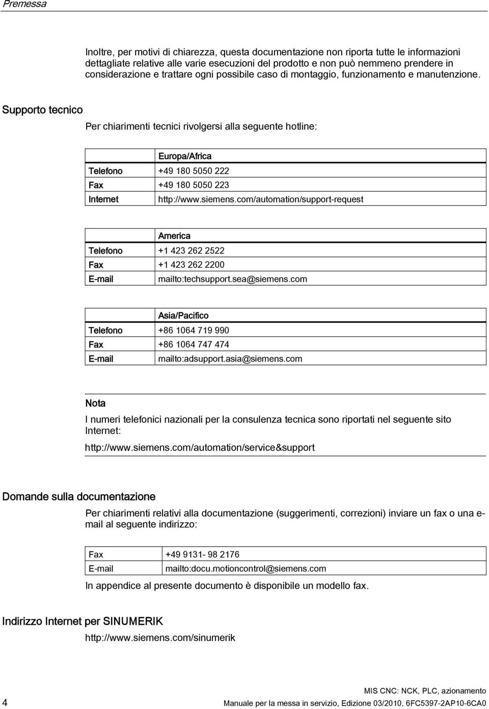 Supporto tecnico Per chiarimenti tecnici rivolgersi alla seguente hotline: Europa/Africa Telefono +49 180 5050 222 Fax +49 180 5050 223 Internet http://www.siemens.