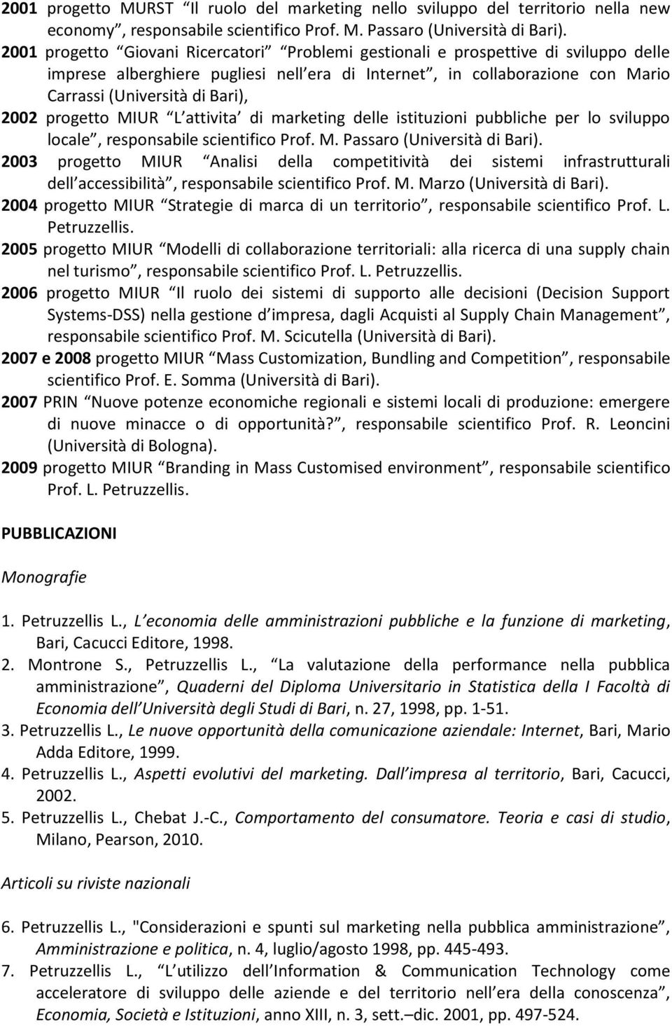 2002 progetto MIUR L attivita di marketing delle istituzioni pubbliche per lo sviluppo locale, responsabile scientifico Prof. M. Passaro (Università di Bari).