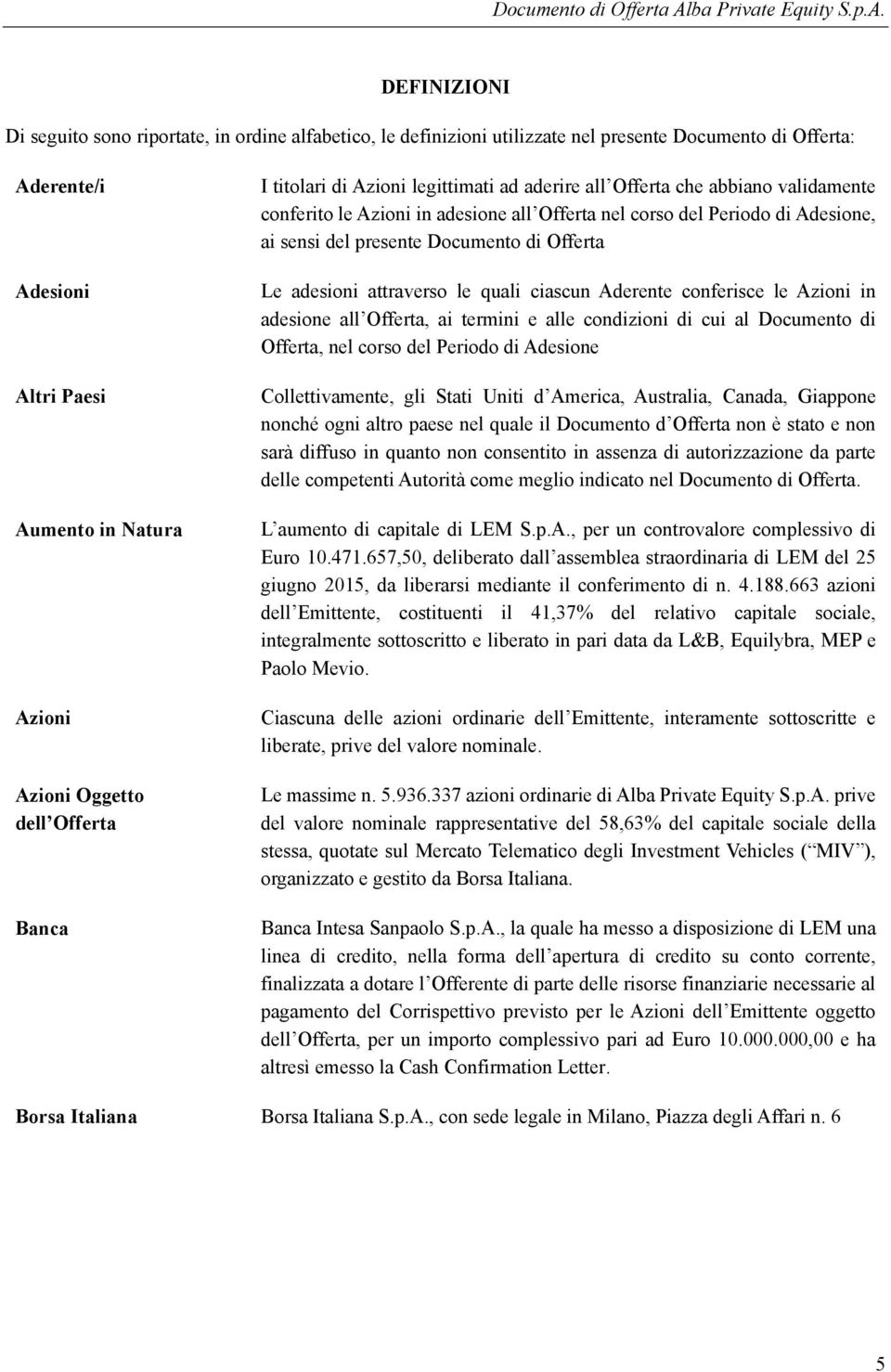 Documento di Offerta Le adesioni attraverso le quali ciascun Aderente conferisce le Azioni in adesione all Offerta, ai termini e alle condizioni di cui al Documento di Offerta, nel corso del Periodo