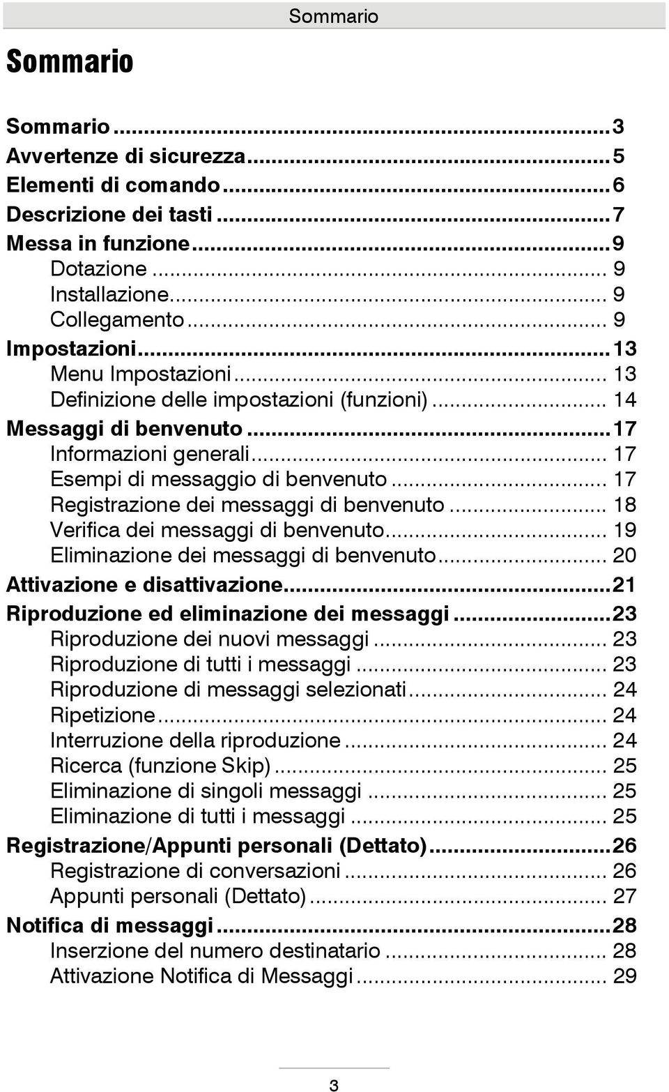 .. 17 Registrazione dei messaggi di benvenuto... 18 Verifica dei messaggi di benvenuto... 19 Eliminazione dei messaggi di benvenuto... 20 Attivazione e disattivazione.