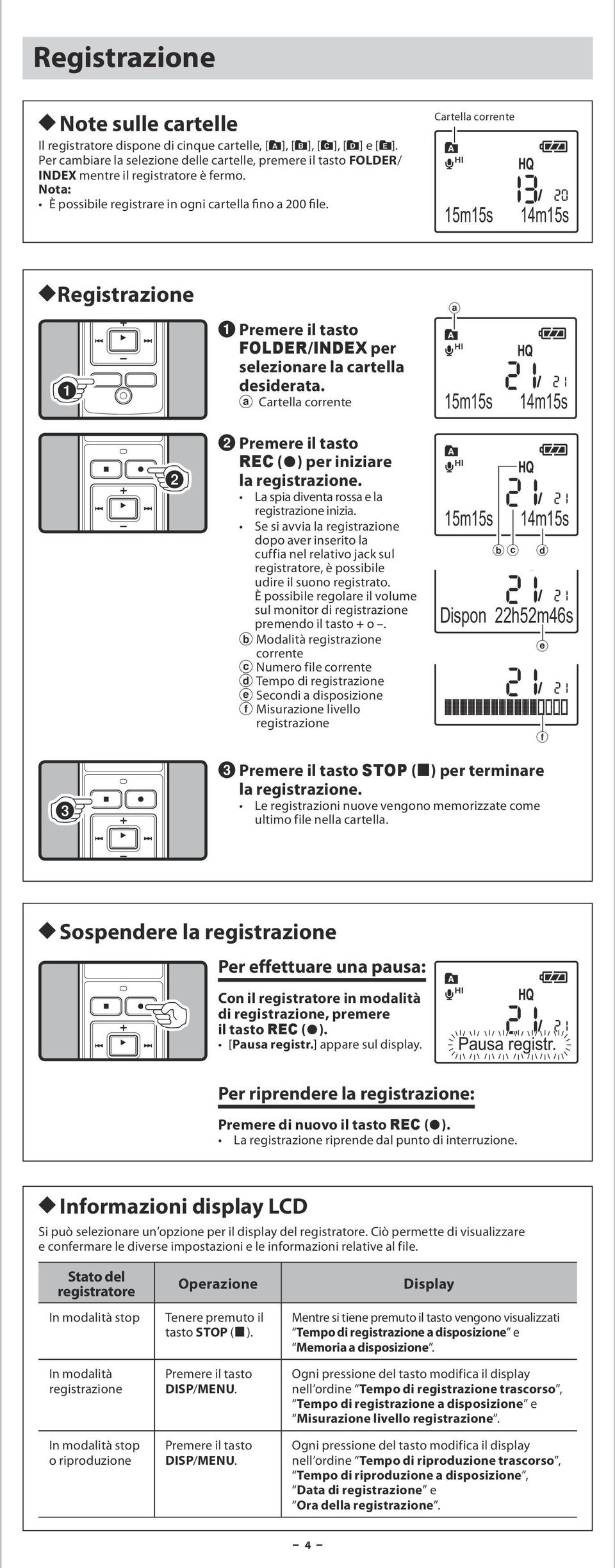 Cartella corrente 15m15s 14m15s hregistrazione 1 Premere il tasto FOLDER/INDEX per selezionare la cartella desiderata.