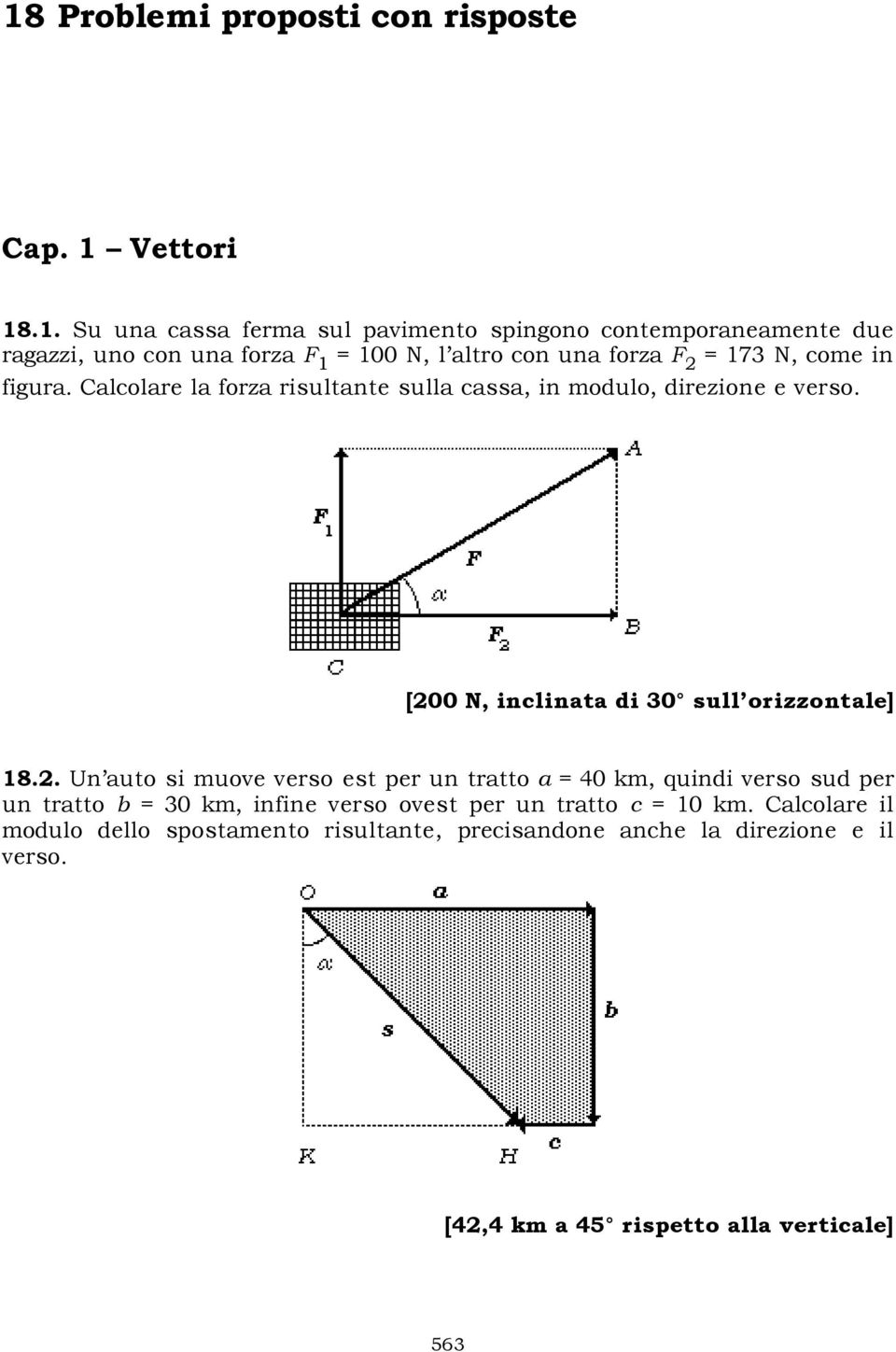 [200 N, inclinata di 30 sull orizzontale] 18.2. Un auto si muove verso est per un tratto a = 40 km, quindi verso sud per un tratto b = 30 km, infine verso ovest per un tratto c = 10 km.