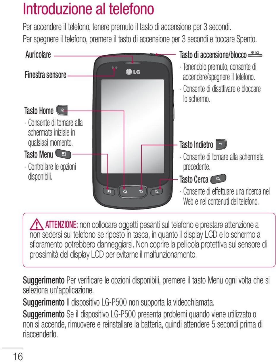 Tasto di accensione/blocco - Tenendolo premuto, consente di accendere/spegnere il telefono. - Consente di disattivare e bloccare lo schermo.