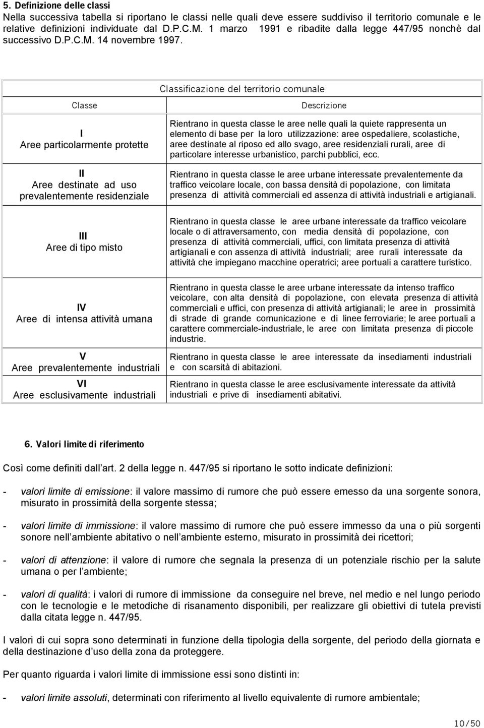 Classificazione del territorio comunale Classe I Aree particolarmente protette II Aree destinate ad uso prevalentemente residenziale III Aree di tipo misto IV Aree di intensa attività umana V Aree