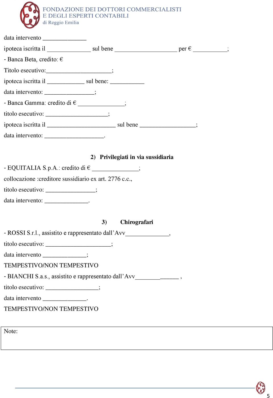 IA S.p.A.: credito di ; collocazione :creditore sussidiario ex art. 2776 c.c., titolo esecutivo: ; data intervento:. 3) Chirografari ROSSI S.r.l., assistito e rappresentato dall Avv, titolo esecutivo: ; data intervento ; TEMPESTIVO/NON TEMPESTIVO BIANCHI S.