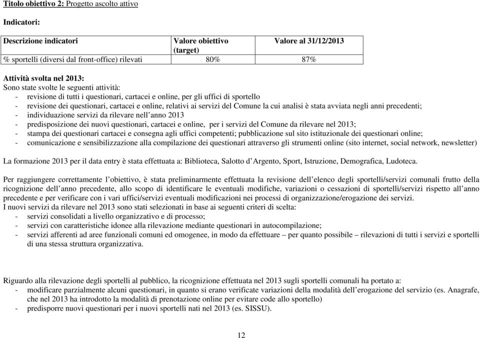 servizi del Comune la cui analisi è stata avviata negli anni precedenti; - individuazione servizi da rilevare nell anno 2013 - predisposizione dei nuovi questionari, cartacei e online, per i servizi