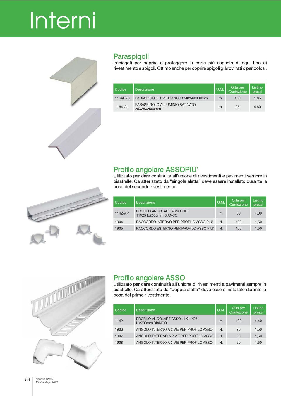 e pavimenti sempre in piastrelle. Caratterizzato da singola aletta deve essere installato durante la posa del secondo rivestimento. 1142/AP PROFILO ANGOLARE ASSO PIU' 11X25 L.