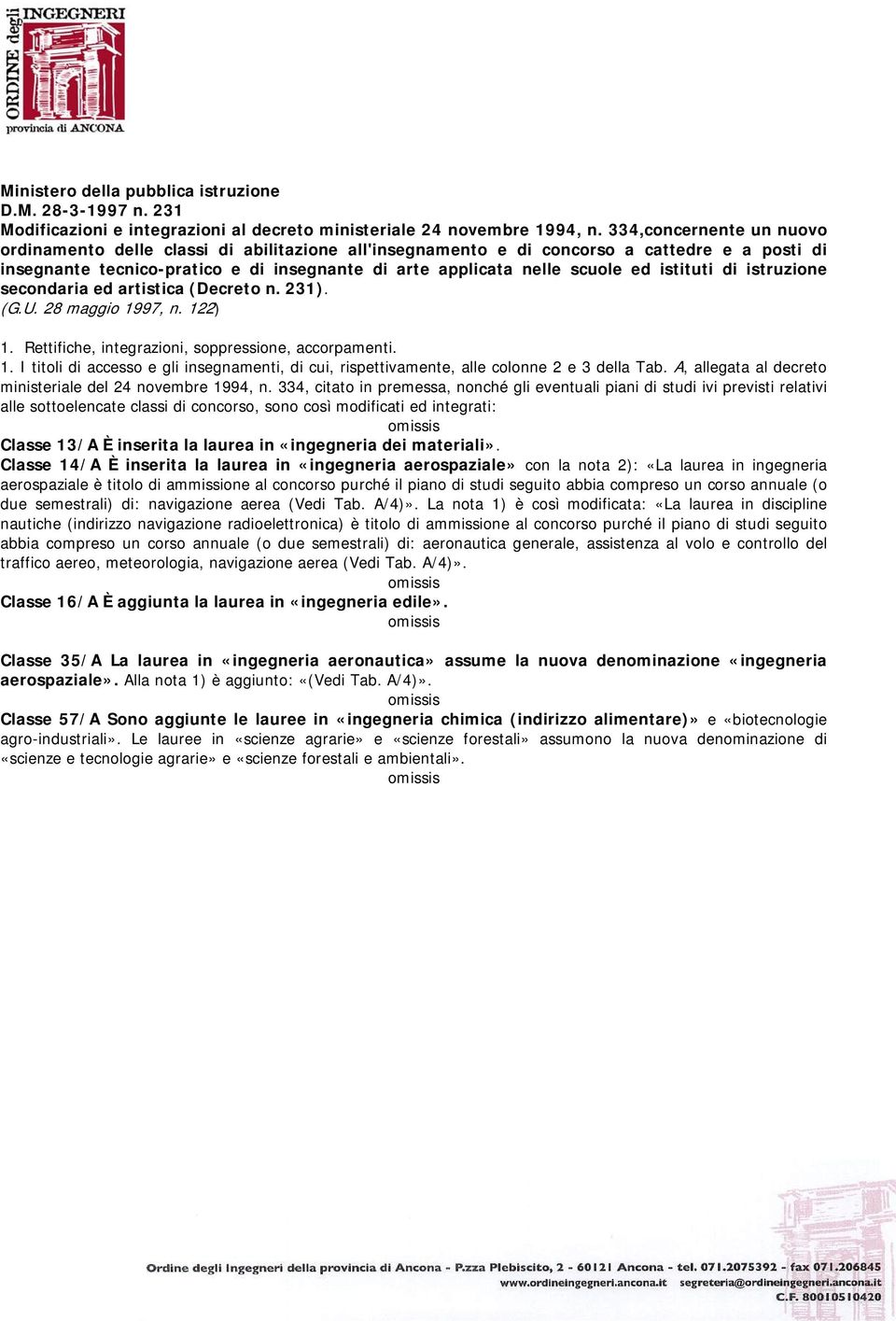 istituti di istruzione secondaria ed artistica (Decreto n. 231). (G.U. 28 maggio 1997, n. 122) 1. Rettifiche, integrazioni, soppressione, accorpamenti. 1. I titoli di accesso e gli insegnamenti, di cui, rispettivamente, alle colonne 2 e 3 della Tab.