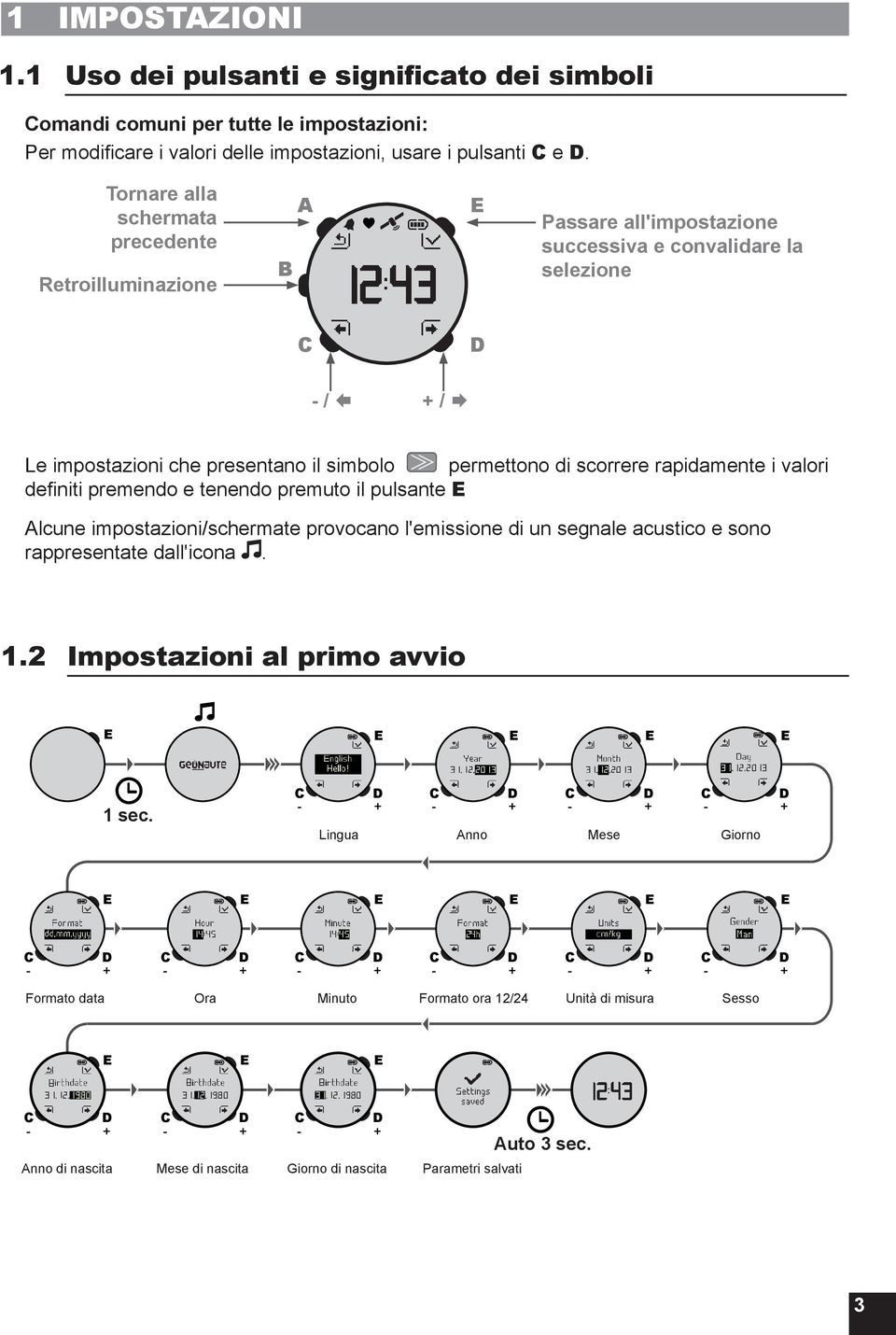 2 Impostazioni al primo avvio - + - + - + - + Lingua Anno Mese Giorno - + - +