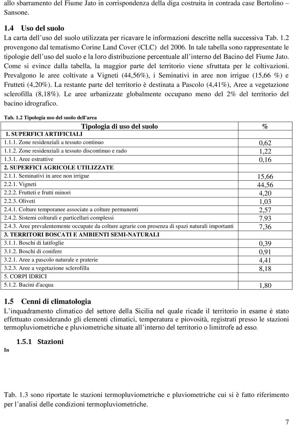 In tale tabella sono rappresentate le tipologie dell uso del suolo e la loro distribuzione percentuale all interno del Bacino del Fiume Jato.