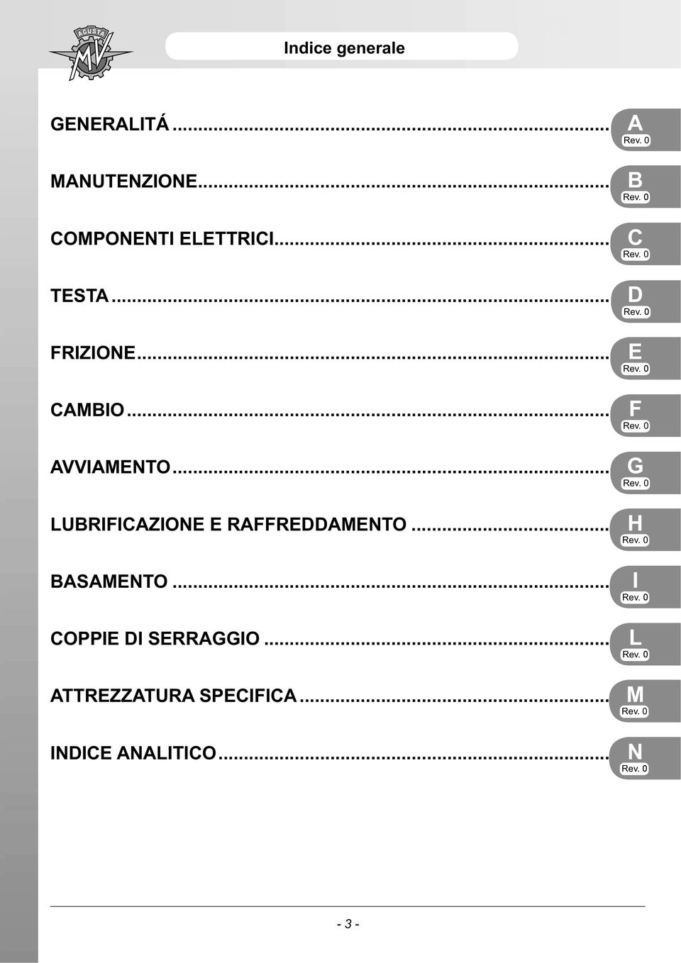 0 G Rev. 0 LUBRIFICAZIONE E RAFFREDDAMENTO... H Rev. 0 BASAMENTO... I Rev.