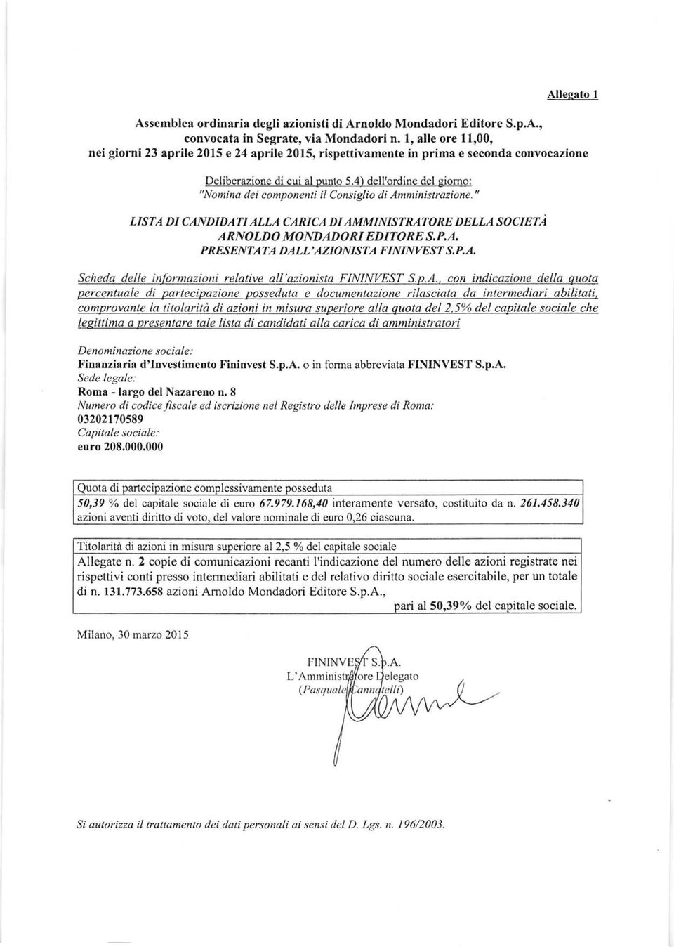 " LISTA DI CANDIDATIALLA CARICA DIAMMINISTRATORE DELLA SOCIET) ARNOLDO MONDADORI EDITORE S,P,A, PRESENTATA DALL'AZIONISTA FININVEST S.P.A. Scheda delfq iq{ormazioui relative all'qzionista FINIWEST S.