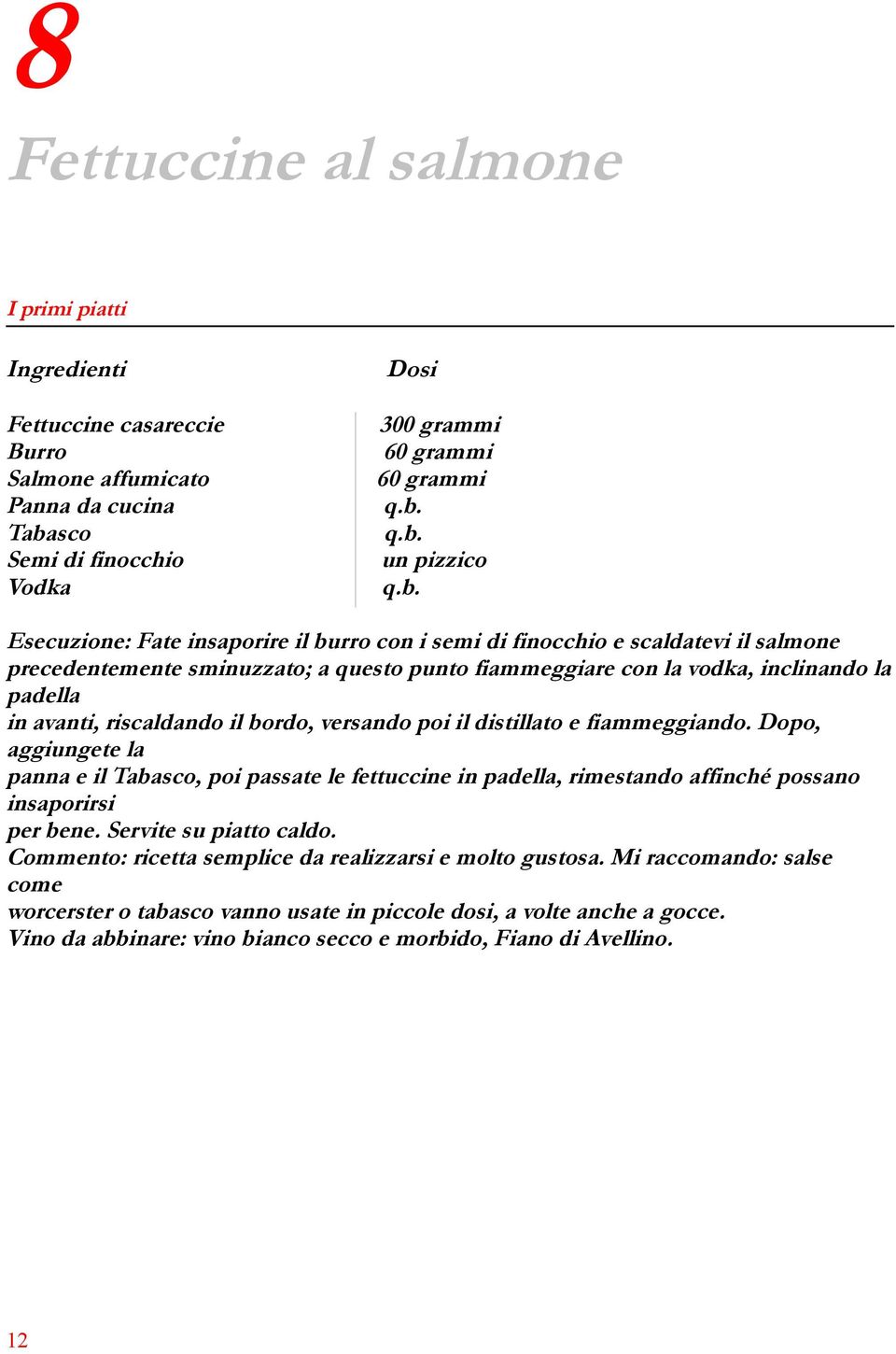 il bordo, versando poi il distillato e fiammeggiando. Dopo, aggiungete la panna e il Tabasco, poi passate le fettuccine in padella, rimestando affinché possano insaporirsi per bene.