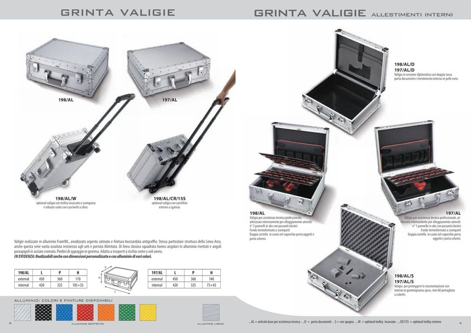 Valigie realizzate in alluminio FramW, anodizzato argento satinato e finitura bocciardata antigraffio.