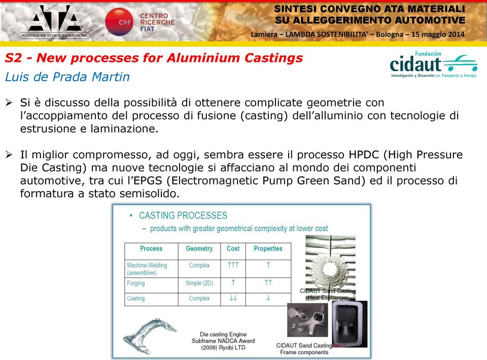 Il miglior compromesso, ad oggi, sembra essere il processo HPDC (High Pressure Die Casting) ma nuove tecnologie si