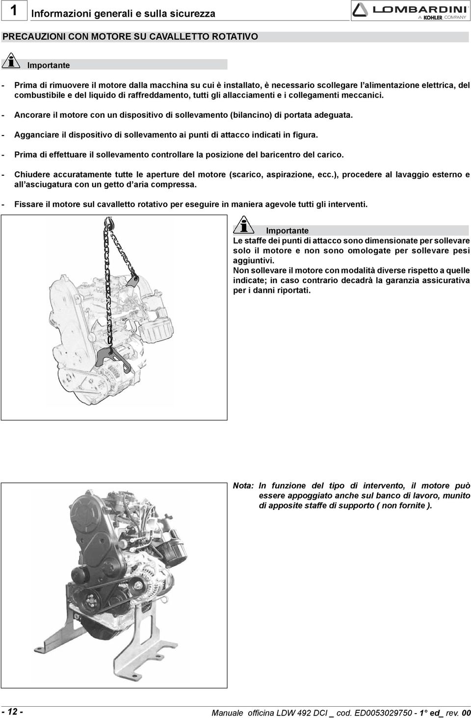 - Ancorare il motore con un dispositivo di sollevamento (bilancino) di portata adeguata. - Agganciare il dispositivo di sollevamento ai punti di attacco indicati in figura.