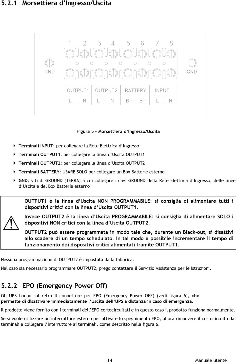 Elettrica d Ingresso, delle linee d Uscita e del Box Batterie esterno OUTPUT1 è la linea d Uscita NON PROGRAMMABILE: si consiglia di alimentare tutti i dispositivi critici con la linea d Uscita