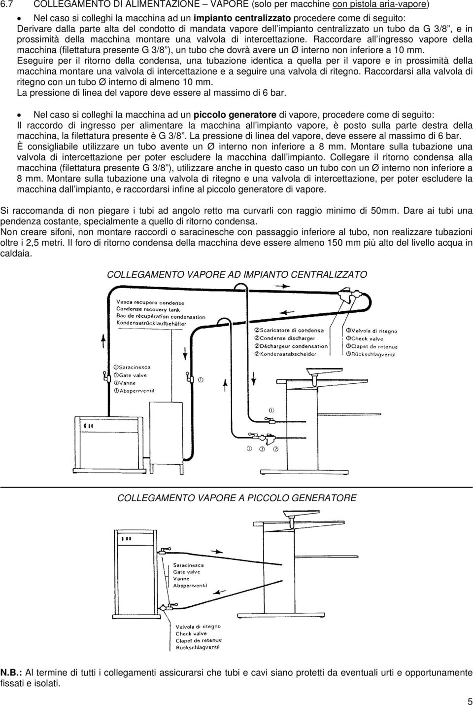 Raccordare all ingresso vapore della macchina (filettatura presente G 3/8 ), un tubo che dovrà avere un Ø interno non inferiore a 10 mm.