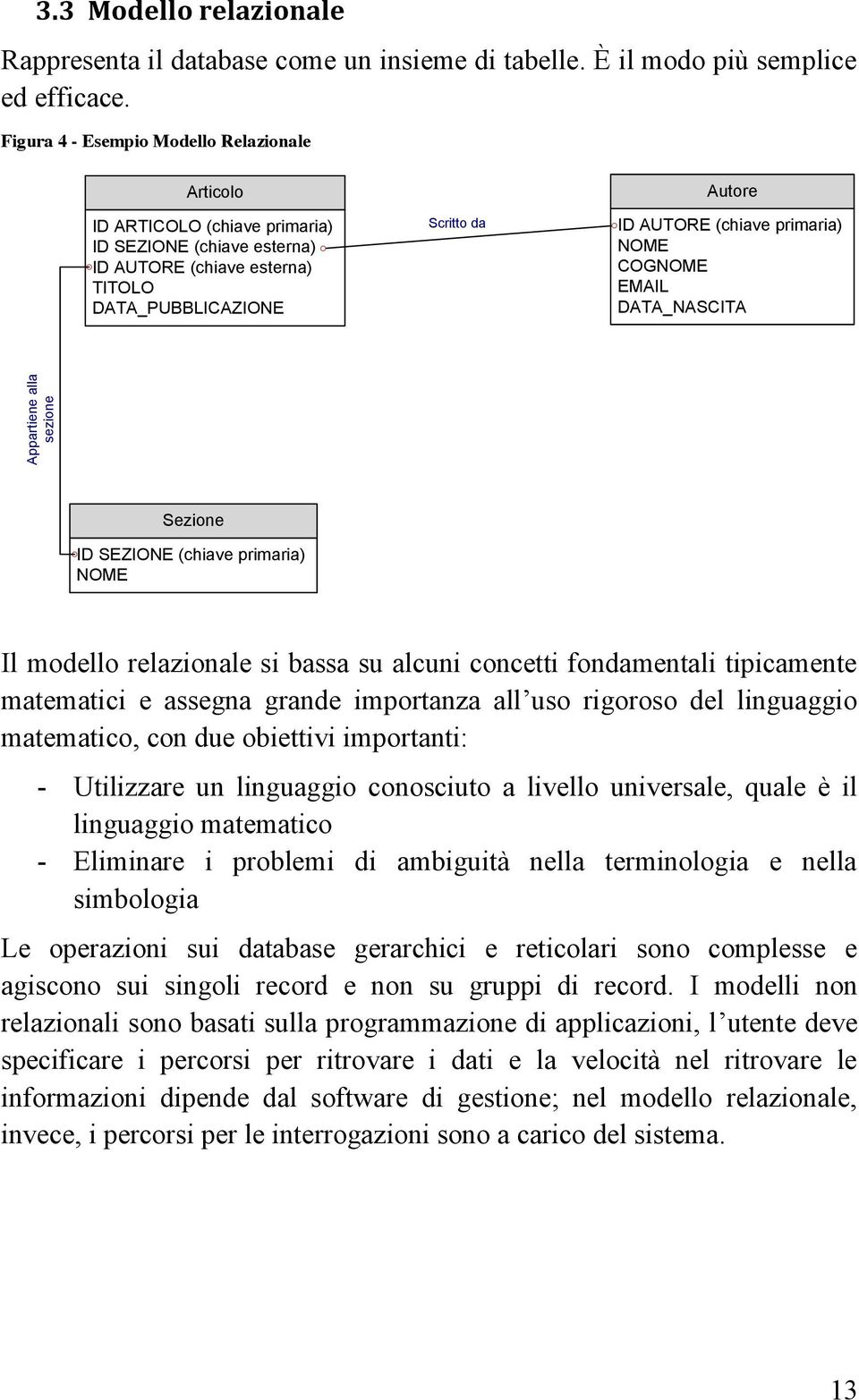 primaria) NOME COGNOME EMAIL DATA_NASCITA Appartiene alla sezione Sezione ID SEZIONE (chiave primaria) NOME Il modello relazionale si bassa su alcuni concetti fondamentali tipicamente matematici e