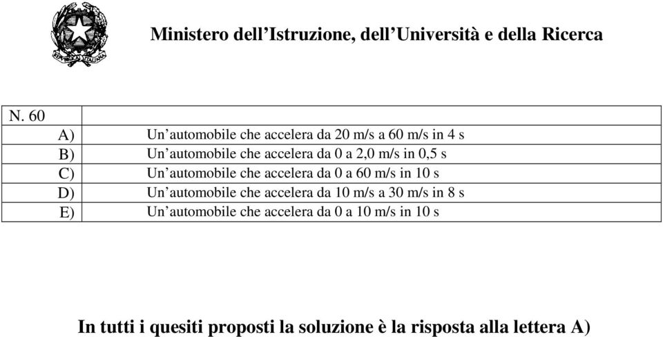 D) Un automobile che accelera da 10 m/s a 30 m/s in 8 s E) Un automobile che accelera