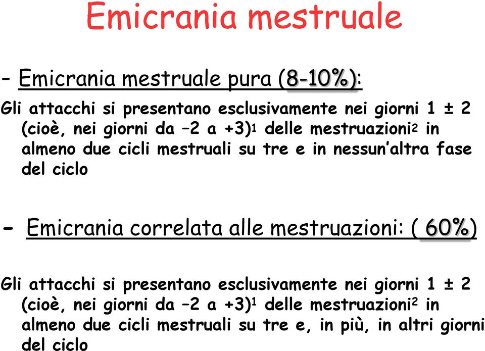ciclo - Emicrania correlata alle mestruazioni: ( 60%) Gli attacchi si presentano esclusivamente nei giorni 1 ± 2