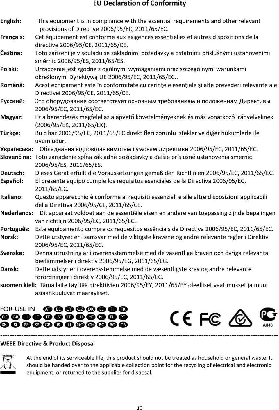 Čeština: Toto zařízení je v souladu se základními požadavky a ostatními příslušnými ustanoveními směrnic 2006/95/ES, 2011/65/ES.