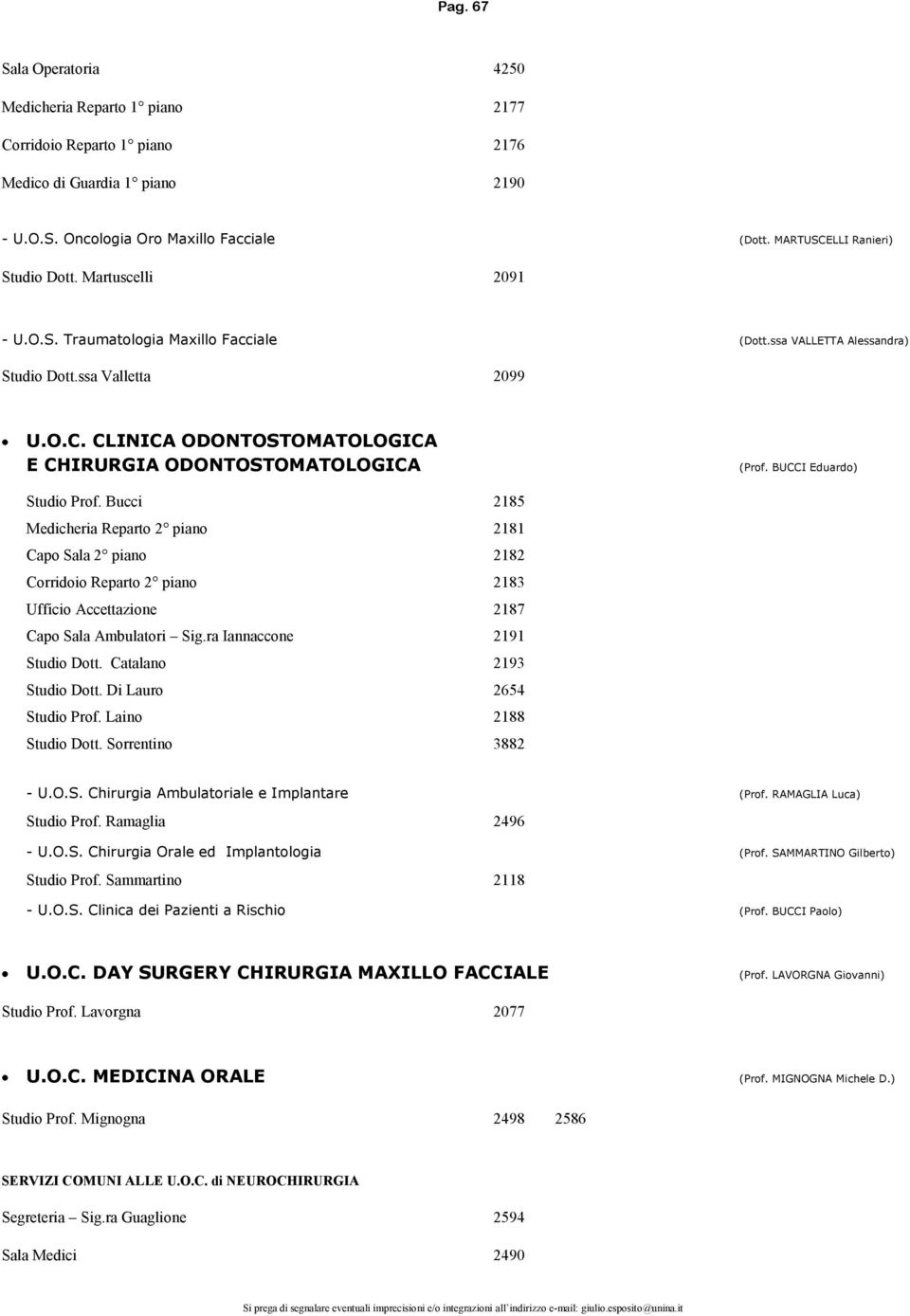 BUCCI Eduardo) Studio Prof. Bucci 2185 Medicheria Reparto 2 piano 2181 Capo Sala 2 piano 2182 Corridoio Reparto 2 piano 2183 Ufficio Accettazione 2187 Capo Sala Ambulatori Sig.