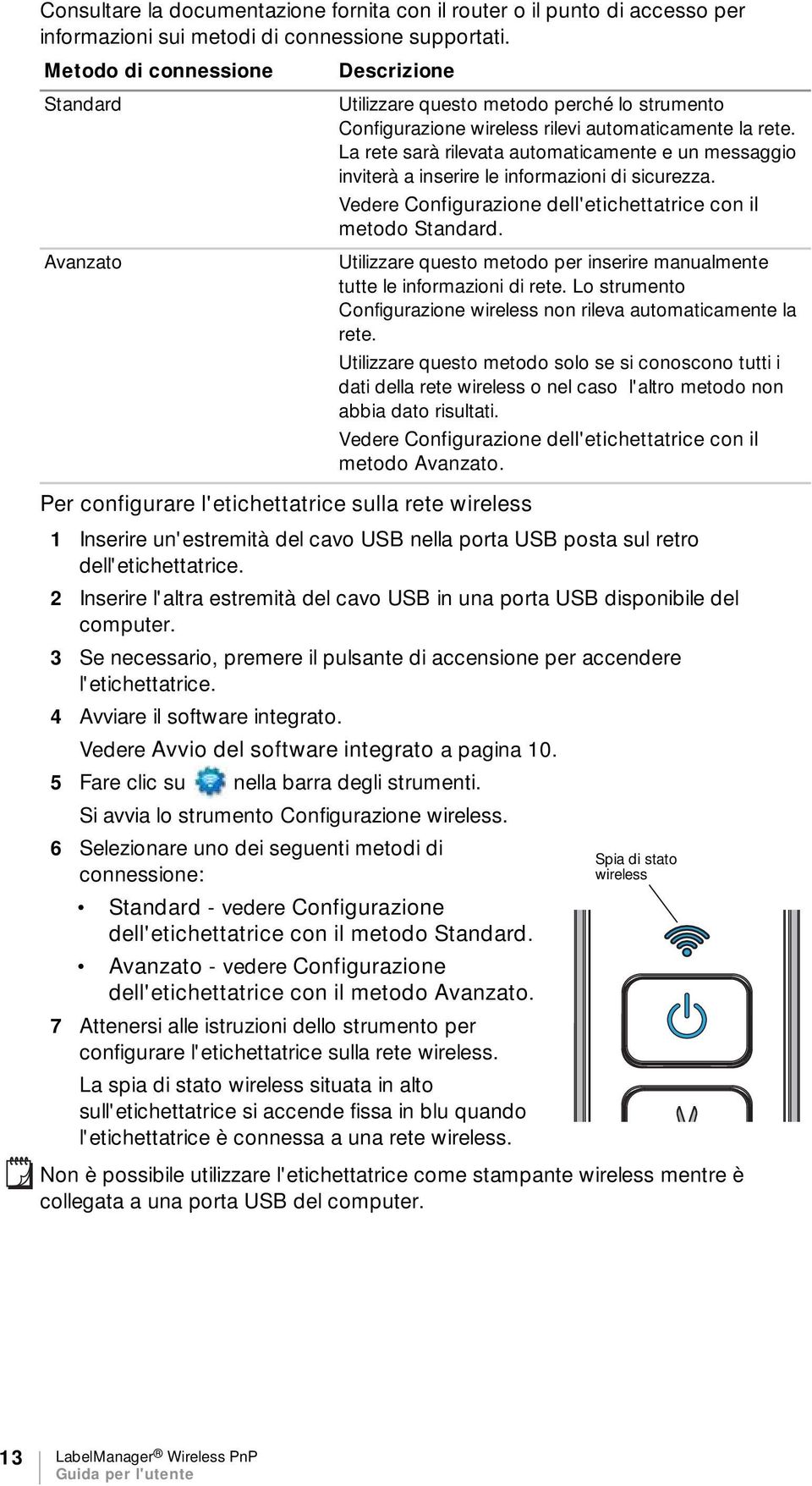 La rete sarà rilevata automaticamente e un messaggio inviterà a inserire le informazioni di sicurezza. Vedere Configurazione dell'etichettatrice con il metodo Standard.