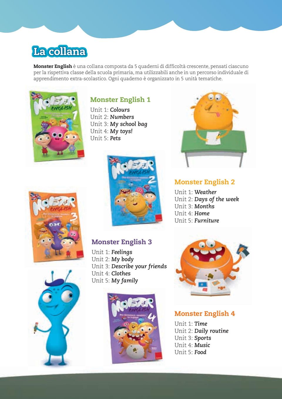 Monster English 1 Unit 1: Colours Unit 2: Numbers Unit 3: My school bag Unit 4: My toys!