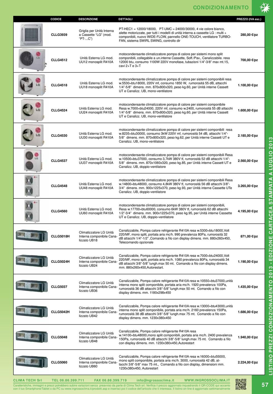 ONE-TOUCH, ventilatore TURBO- FAN, sistema SWIRL SWING, controllo dir 280,00 /pz CLLG4512 Unità Esterna LG mod.