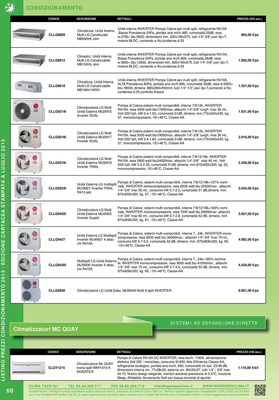 Unità Interna Multi LG Canalizzabile MB12AHL slim Unità interna INVERTER Pompa Calore per multi split, refrigerante R410A, Bassa Prevalenza 20Pa, portata aria mc/h.600, rumorosità 26dB, resa w.