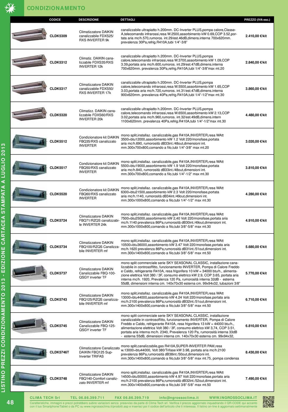 DAIKIN canalizzabile FDXS35/RXS INVERTER 12k canalizzabile ultrapiatto h.200mm. DC-Inverter PLUS,pompa calore,telecomando infrarossi,resa W.3700,assorbimento kw 1.09,COP 3.39,portata aria mc/h.