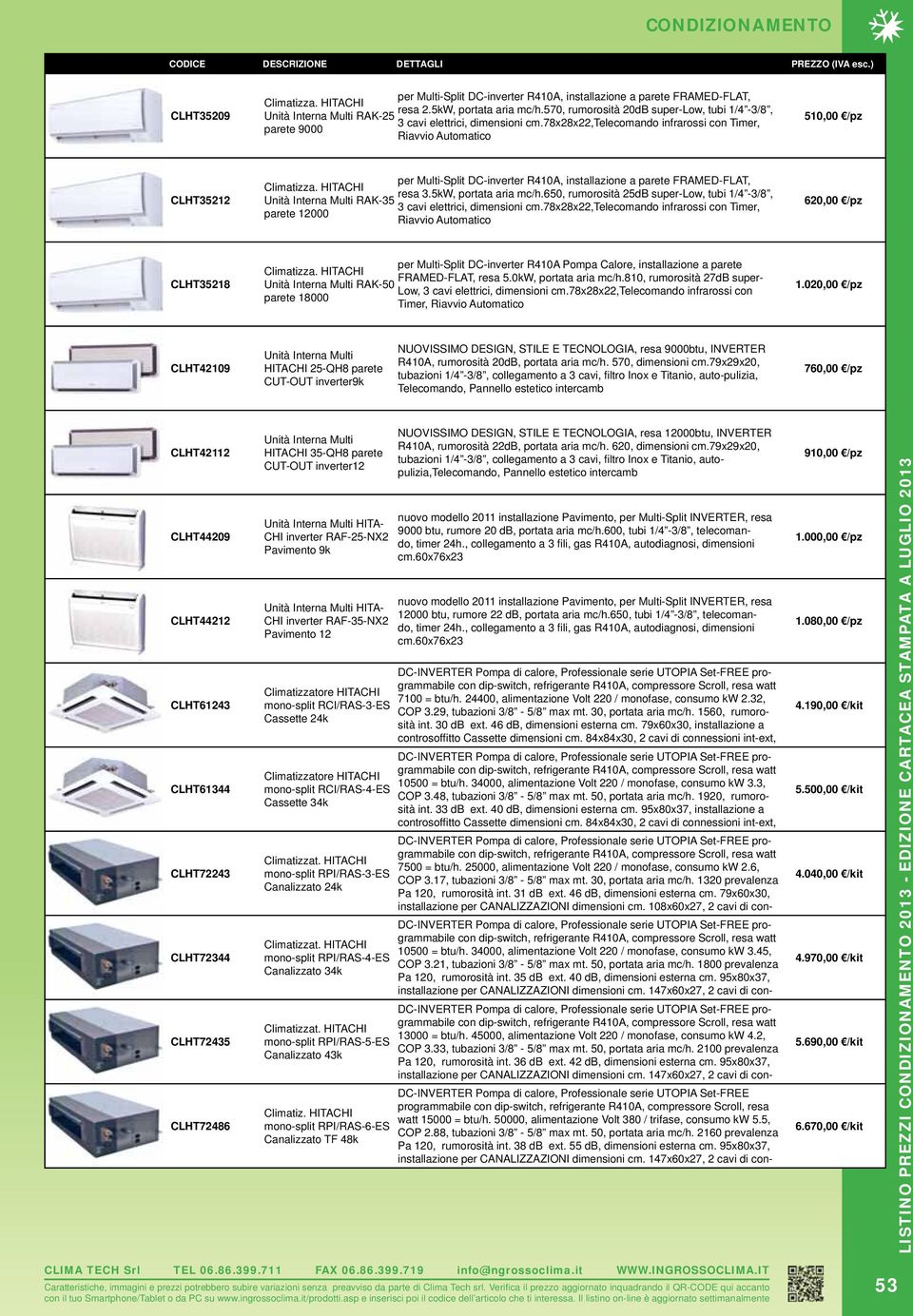 78x28x22,telecomando infrarossi con Timer, parete 9000 Riavvio Automatico 510,00 /pz CLHT35212 per Multi-Split DC-inverter R410A, installazione a parete FRAMED-FLAT, Climatizza. HITACHI resa 3.